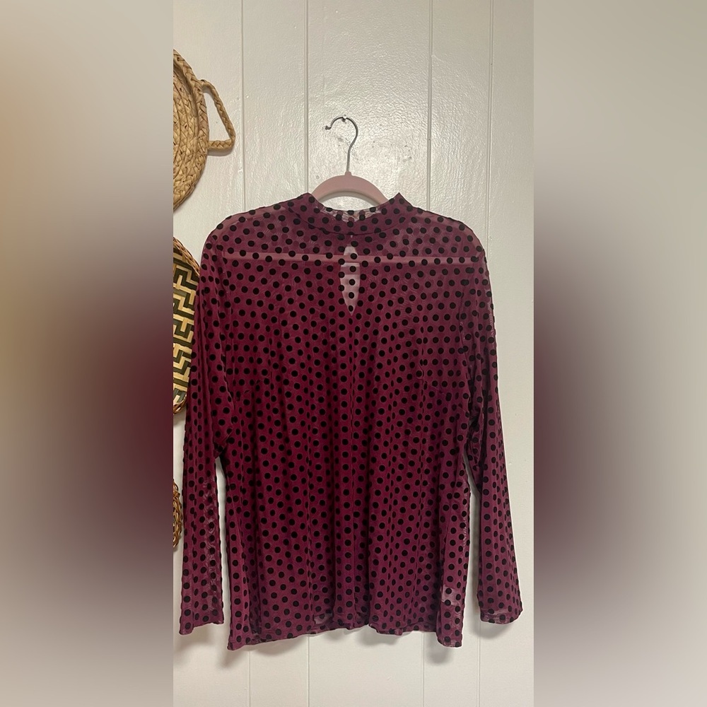 Lane Bryant Top Size 18/20 Purple Black Dot Mock Neck Long Sleeve Sheer